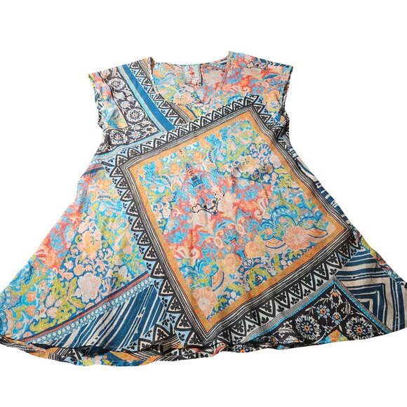 Johnny Was Women Silk Boho Tunic XS Multicolor Floral Geometric Coastal Indie - Picture 5 of 9